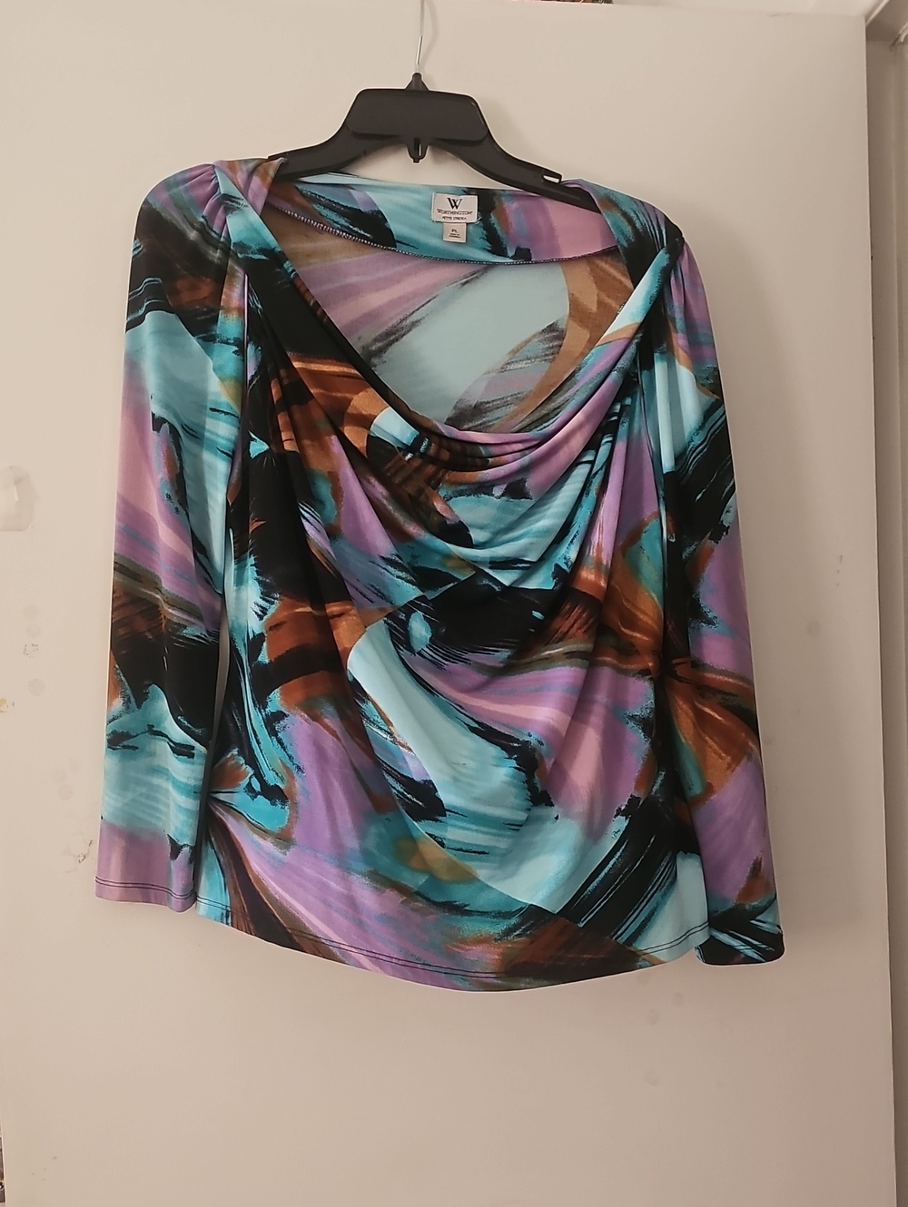 Worthington Aqua, Purple, Brown Abstract Draped Neck Blouse
